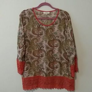 Tunic style flowy paisley print with orange trim
