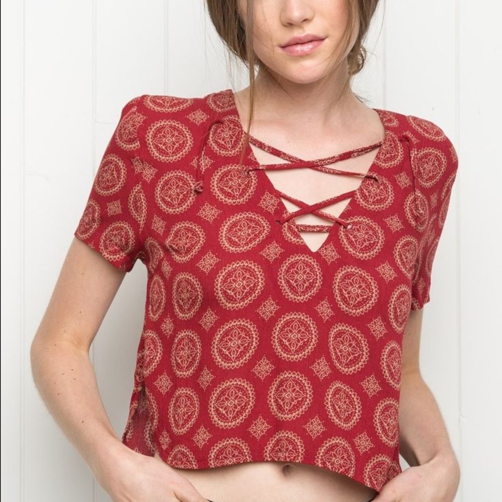 Brandy Melville red and gold medallion lace up top