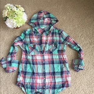 🎉🎉Seaform blue button up plaid shirt with hood