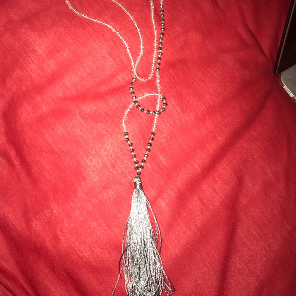 silver beaded tassel necklace