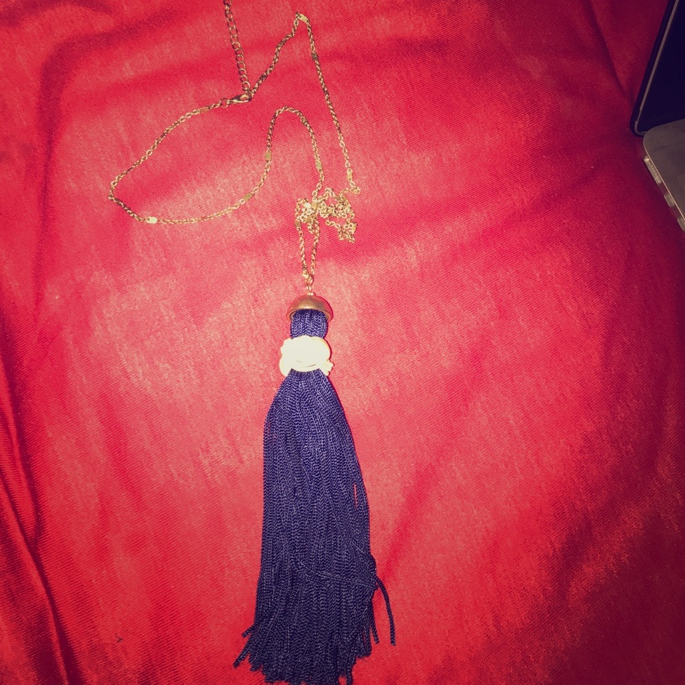 navy blue and white tassel necklace