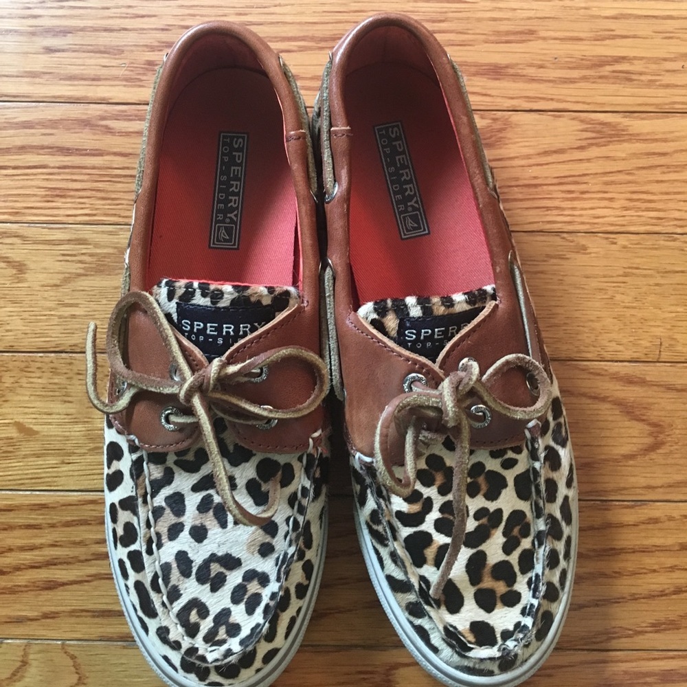 Sperry Cheetah and Brown Leather Boat Shoes - 7M