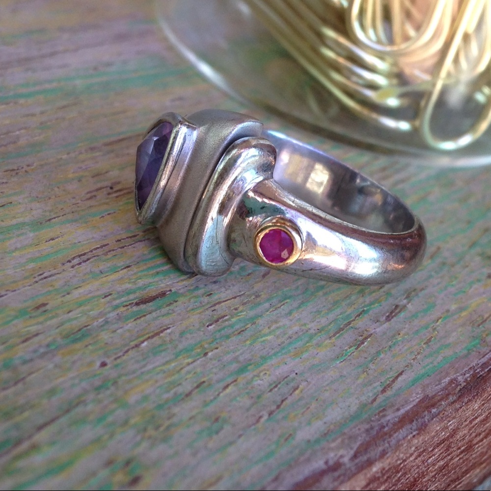 Size 6 Amethyst Ruby Sterling 925 & 14k Ring