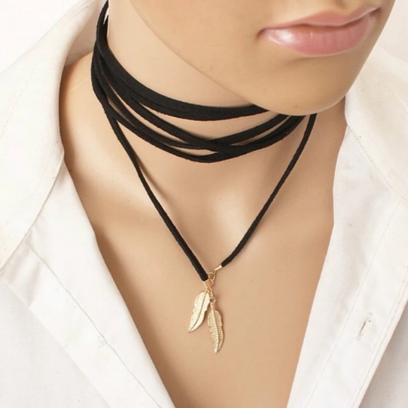 Gold Feather Black Sueded Wrap Choker Necklace - Picture 2 of 2