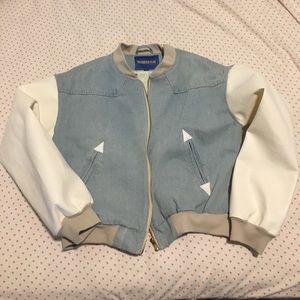 Vintage Faux Leather Denim Bomber Cropped Jacket - image 1