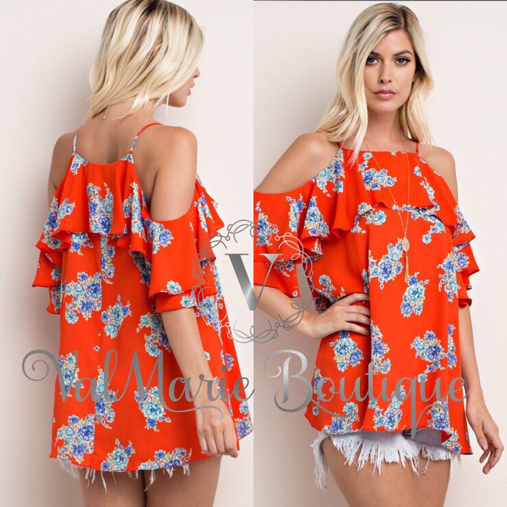 RED ORANGE FLORAL OFF SHOULDER TOP - Picture 2 of 3