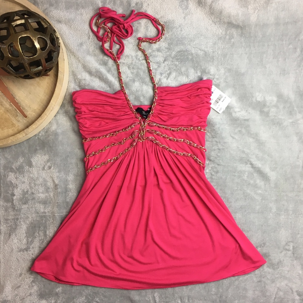 Sky Brand Top Tunic Bright Pink Gold Chain Detail