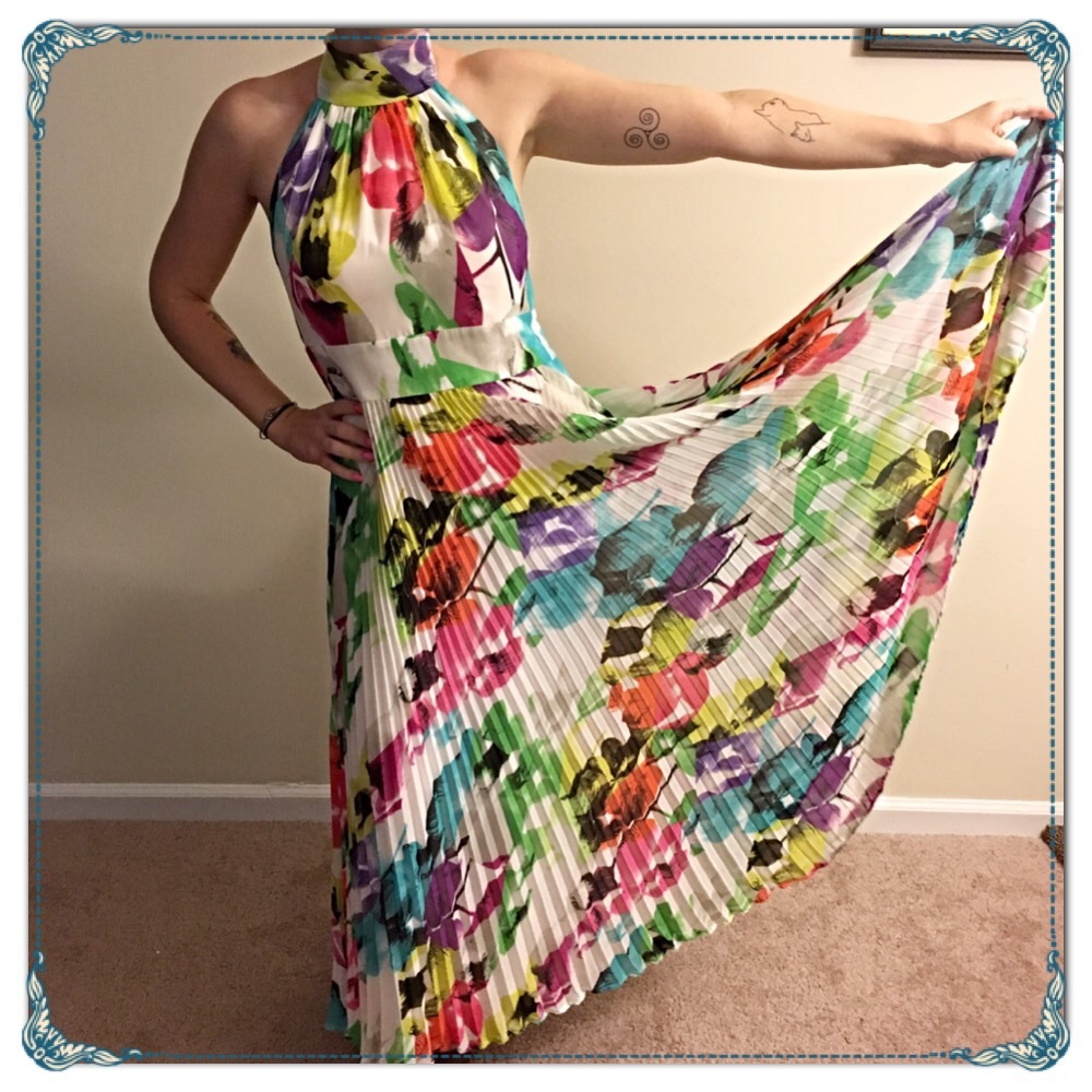 Floral Pleated Maxi Halter Dress