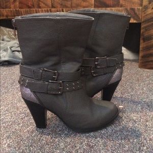 Gray buckled ankle boots