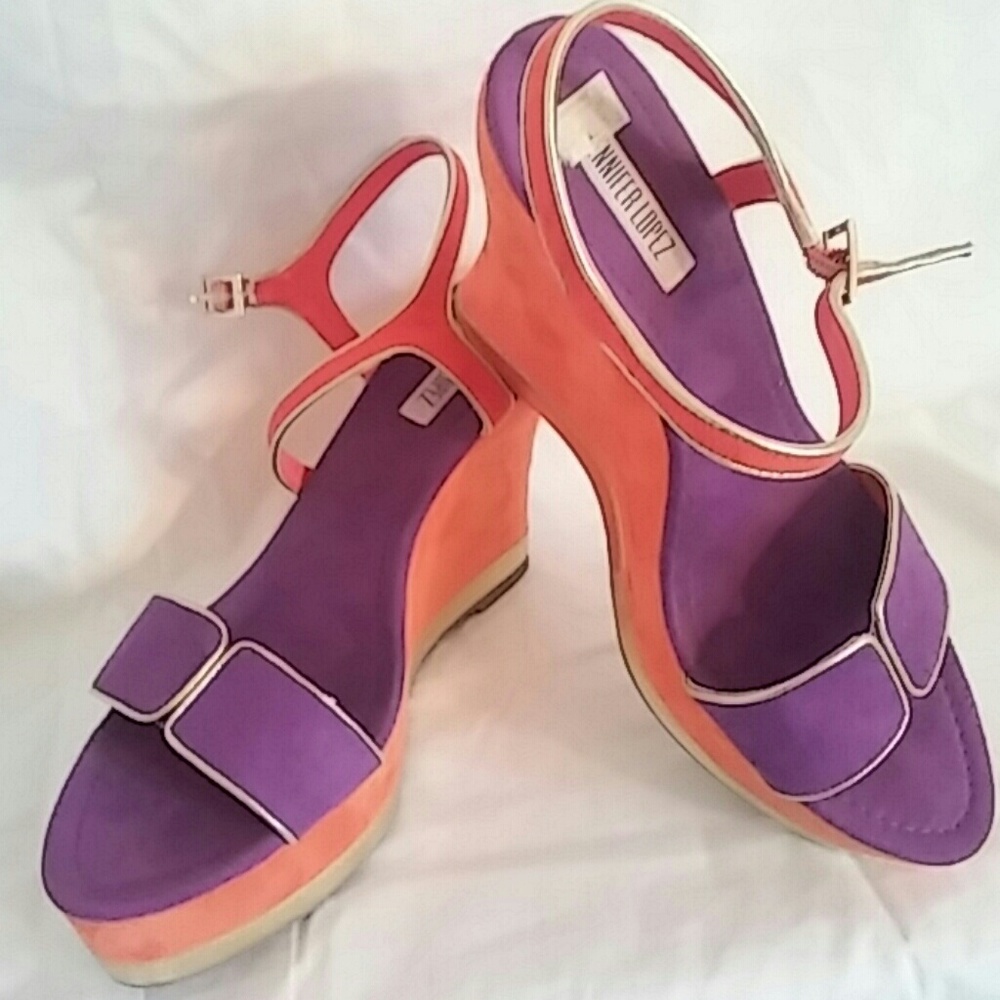 Jennifer Lopez funky orange purple wedge heels