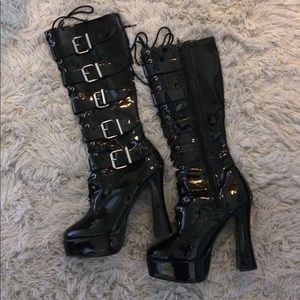 Patent leather Pleaser platform boots w/ buckles