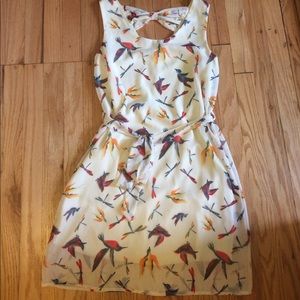Sundress with bird/dragonfly pattern and tie waist