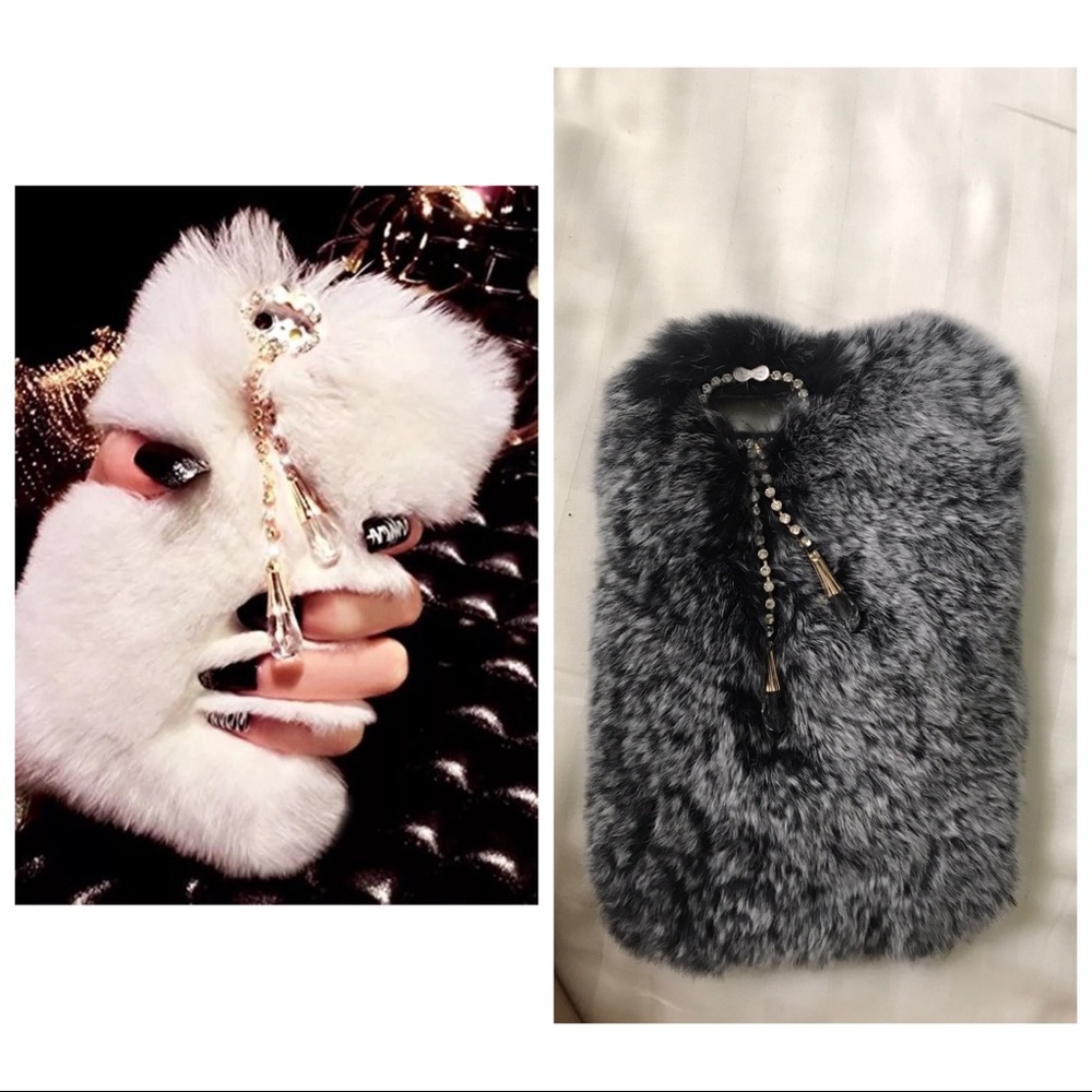 Cute fuffy/fuzzy iPhone 7 plus jeweled bow case