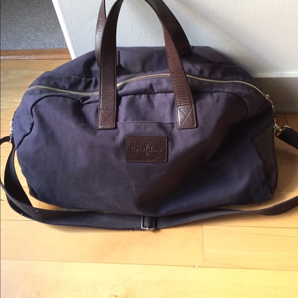 Cole Han navy canvas leather trim duffle weekender