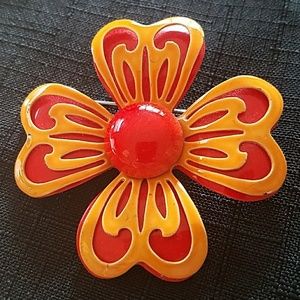 VINTAGE ENAMEL FLOWER PIN ORANGE RED