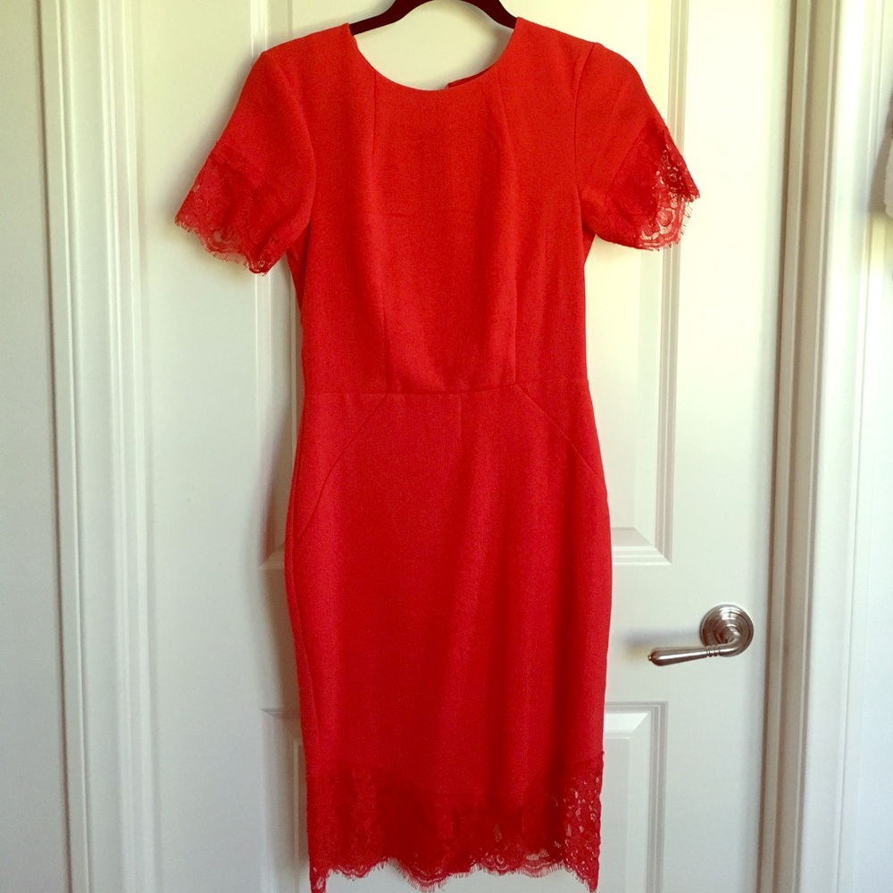 Red pencil dress with lace trim
