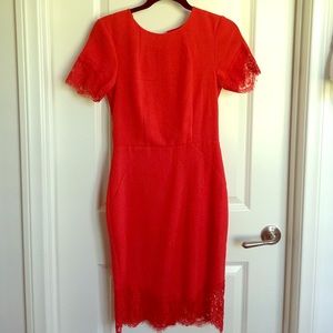 Red pencil dress with lace trim