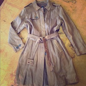 Vintage GAP brown distressed leather trench sz XL