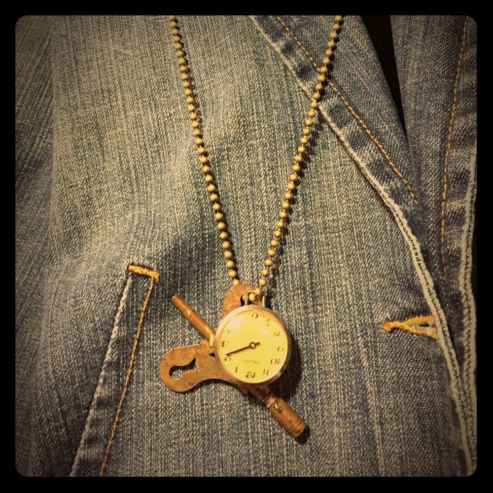 Vintage necklace antique clock key and watch