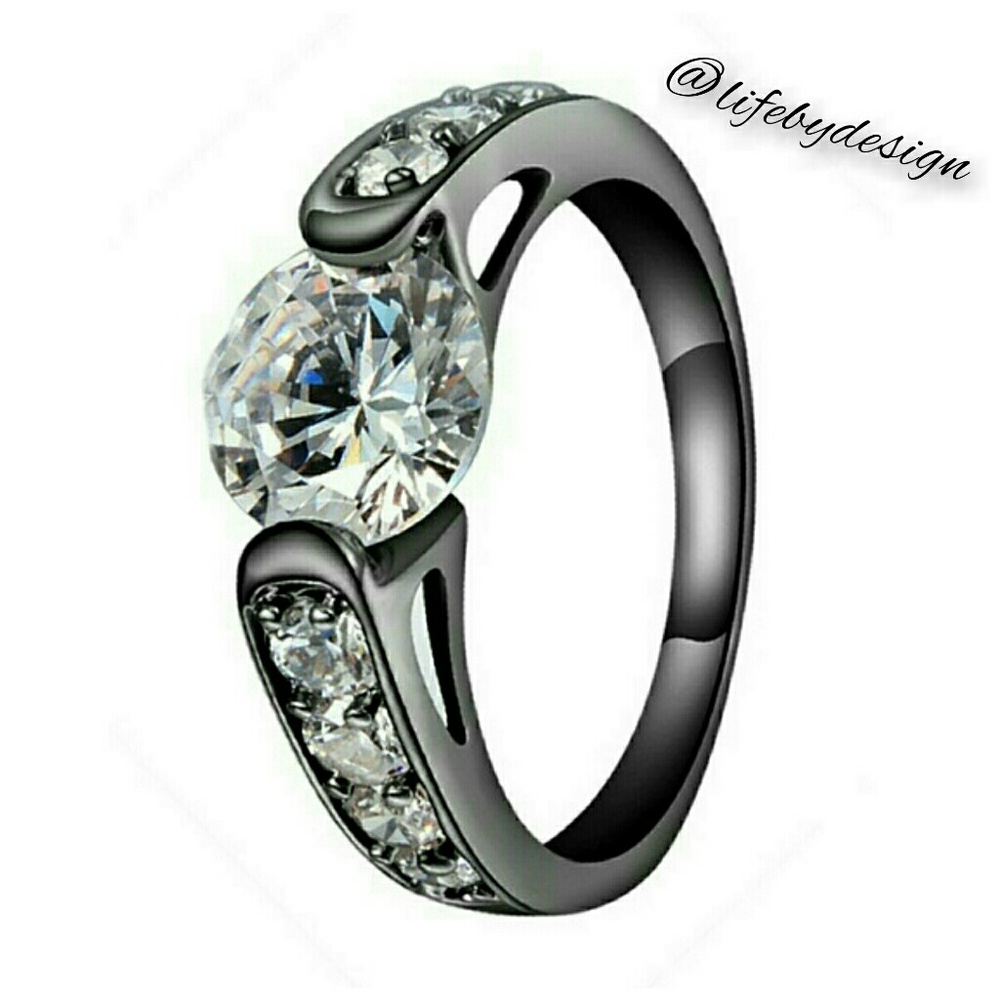 Mosaic Cut Simulated Diamond Ring in Black Gold - Picture 2 of 8
