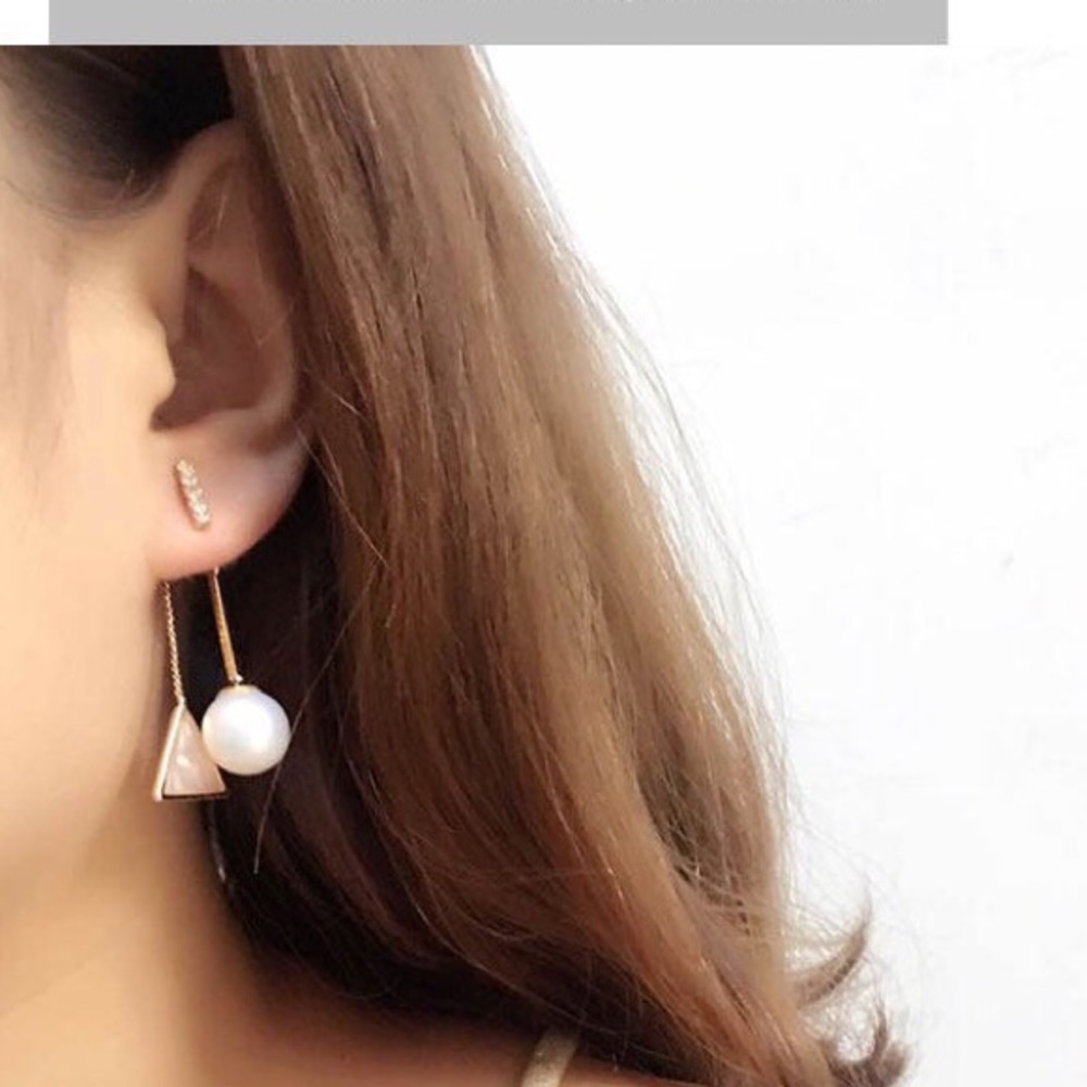 Crystal stud Triangle faux pearl through earrings