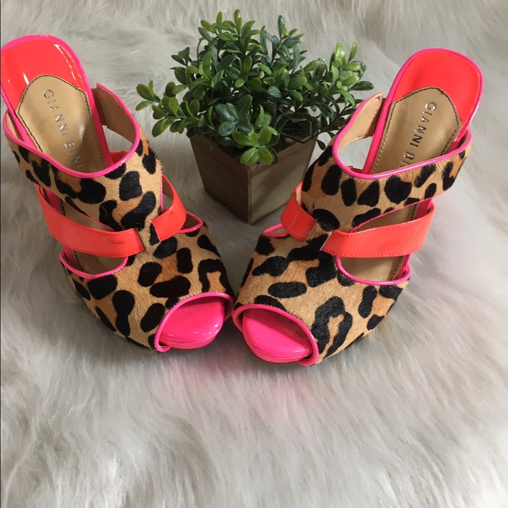 Neon pink, coral, and cheetah faux fur heels
