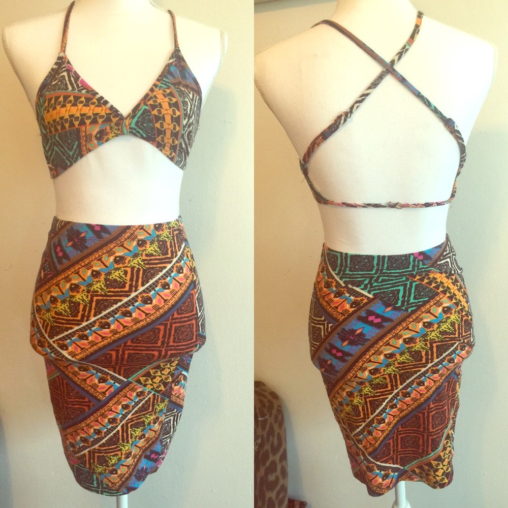 Honey Punch Batik Aztec Print top n skirt. S NWT