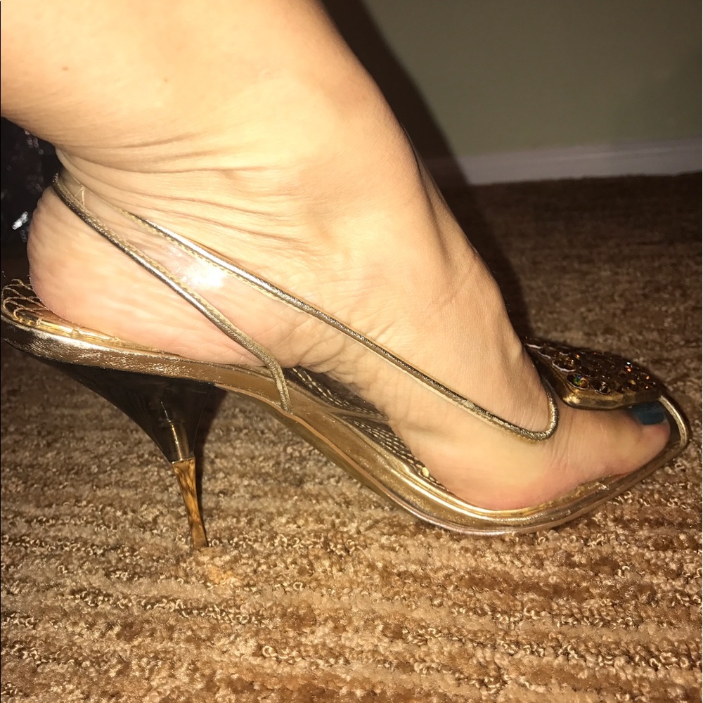 Vince Camuto  gold rhinestone peephole slings