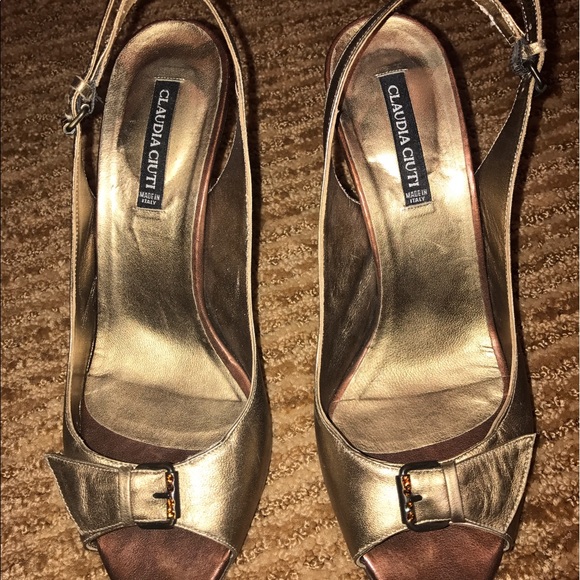 Gold satin Claudia Ciuti peep toe slings size 7 - Picture 2 of 5