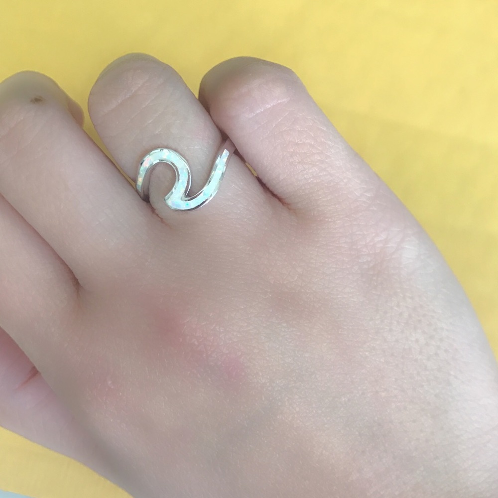 Sterling Silver Lab White Opal Wave Ring - Picture 2 of 3