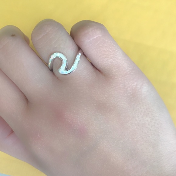 Sterling Silver Lab White Opal Wave Ring - Picture 2 of 3