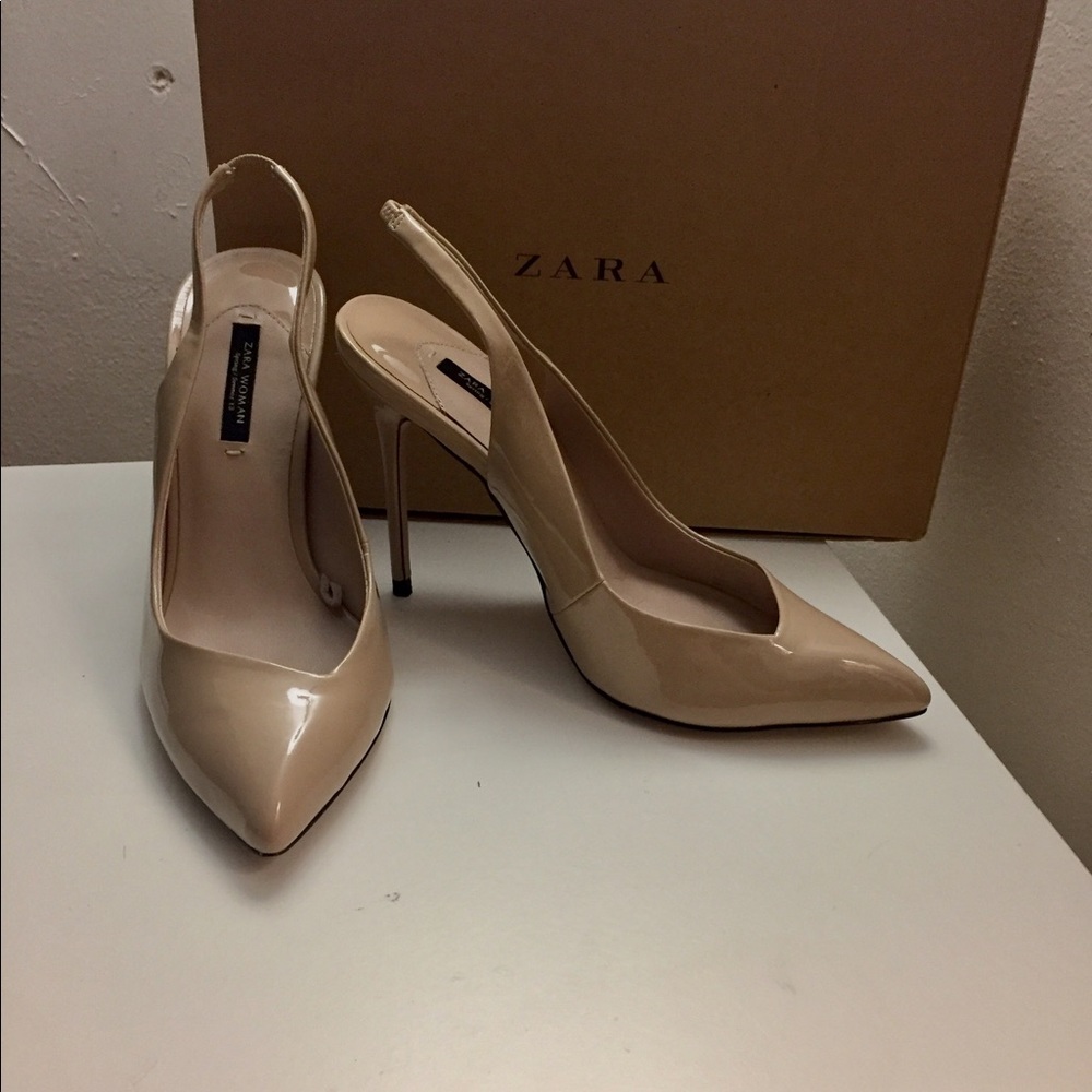 ZARA asymmetrical nude patent sling back heels