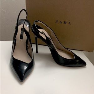 ZARA black patent asymmetrical sling back heels