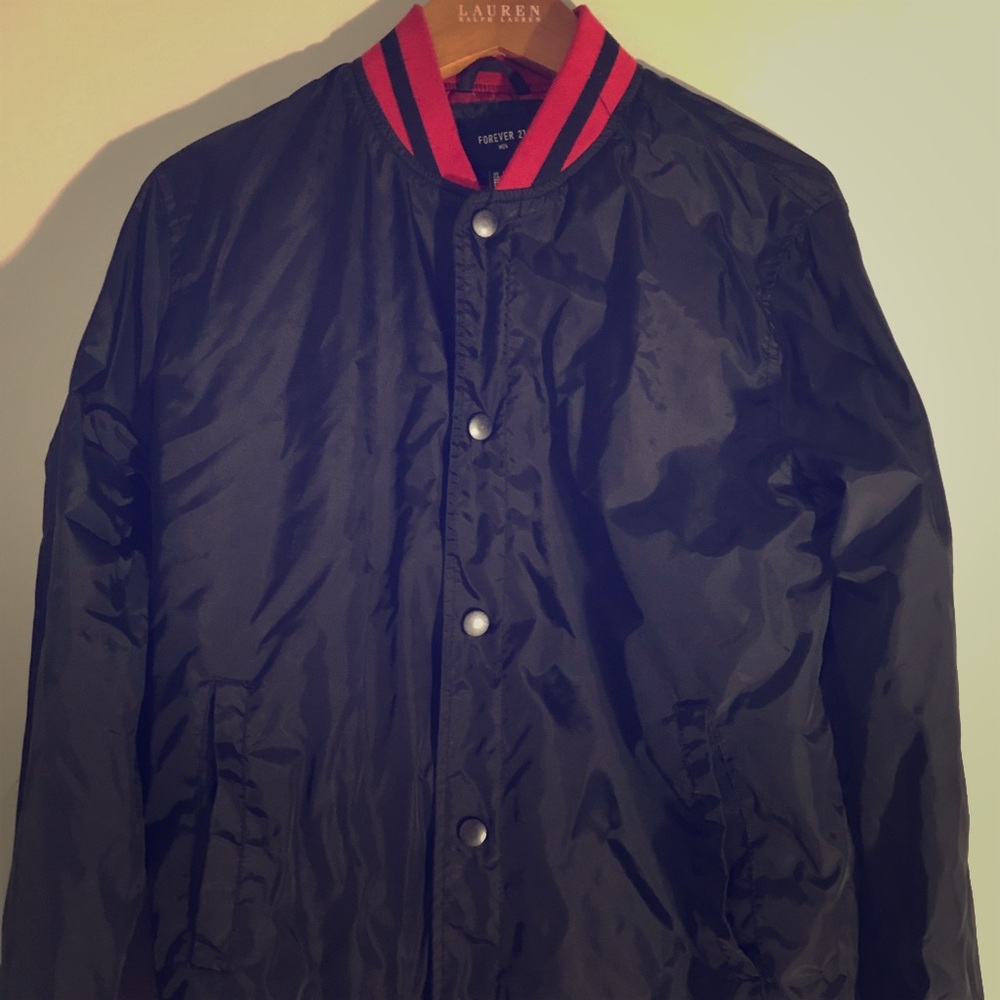 Black bomber jacket with red and black