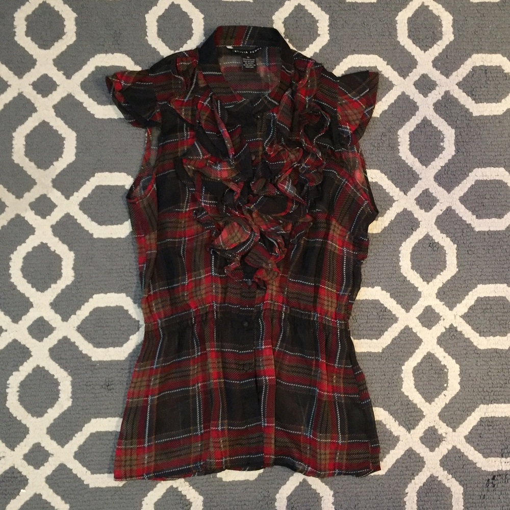 Plaid Peplum Ruffled Blouse
