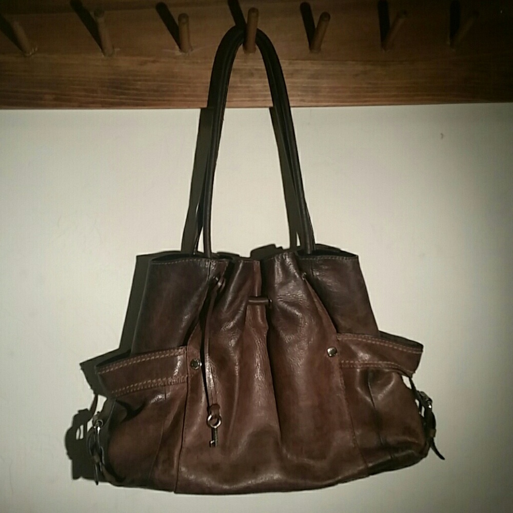 Fossil 75082 Brown Pebbled Leather Hobo/Bucket Bag