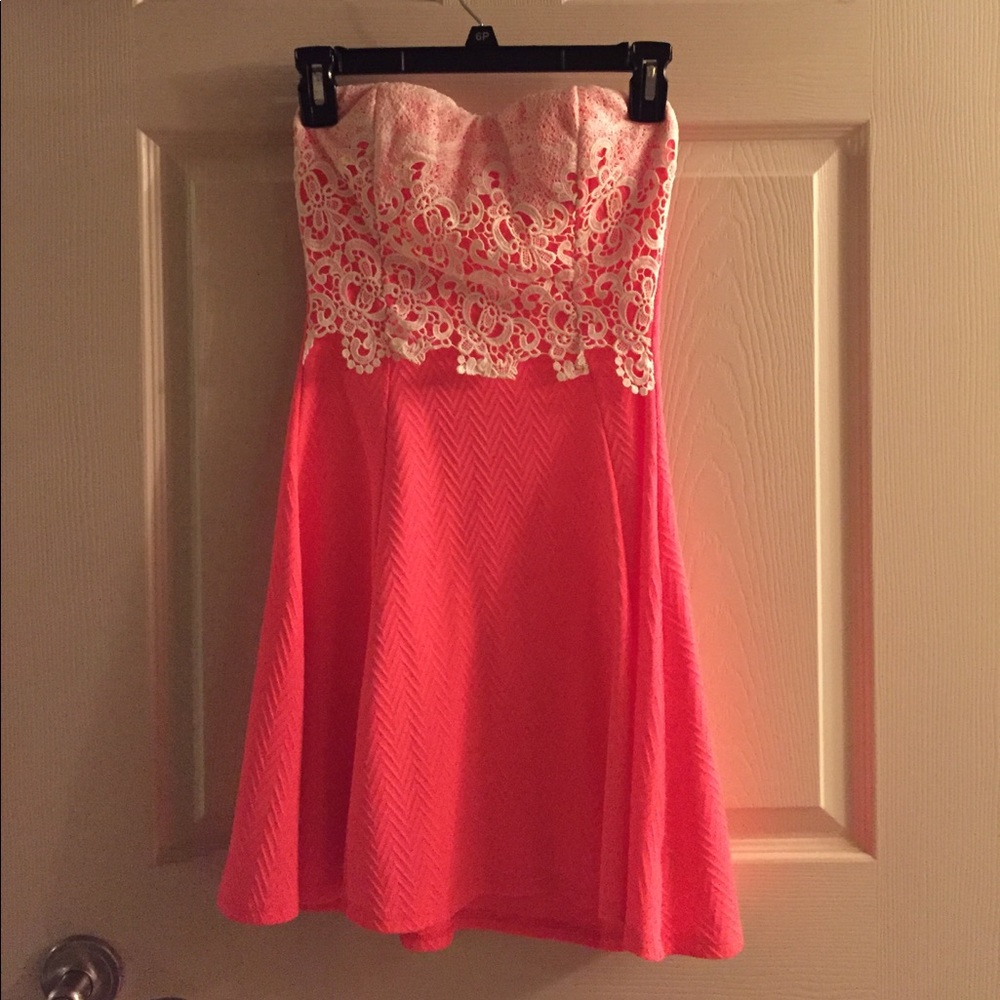 Neon coral strapless dress