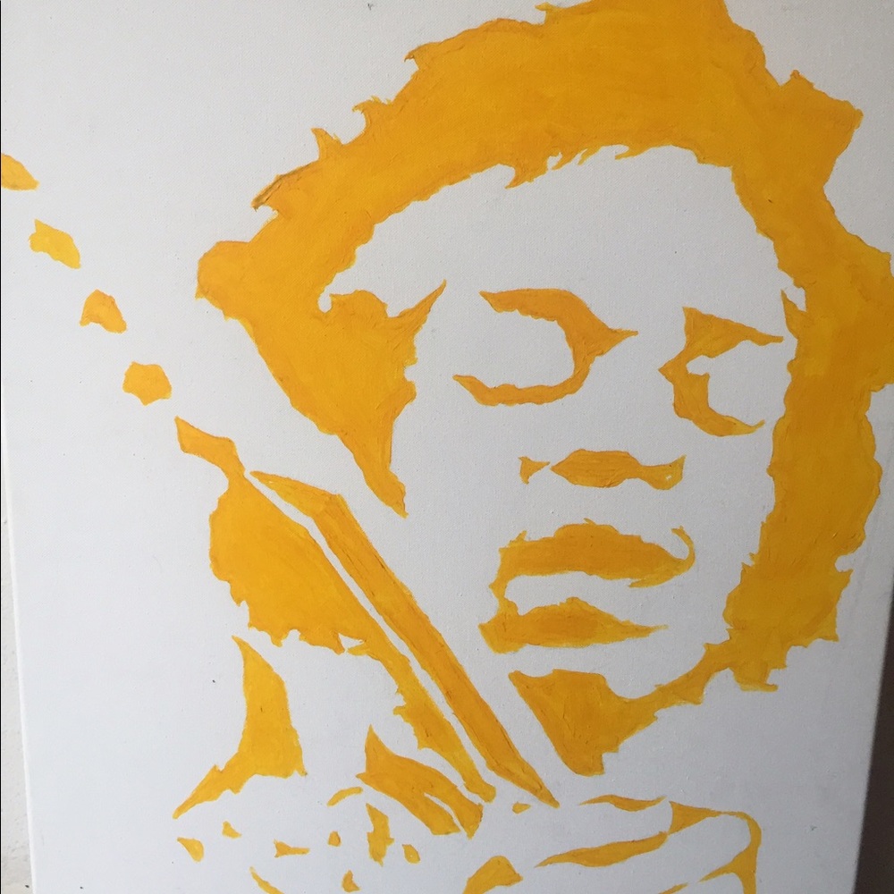A monochromatic painting of Jimi Hendrix