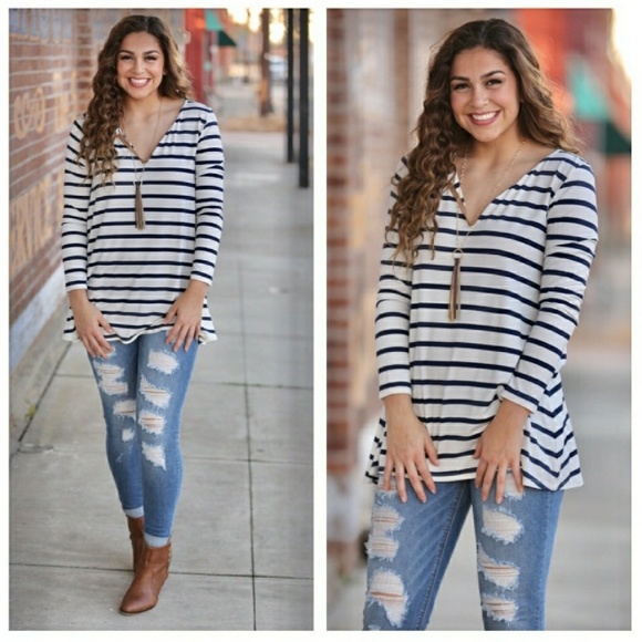 Tunic, Striped, v-neck - Navy / dark blue - Picture 3 of 7
