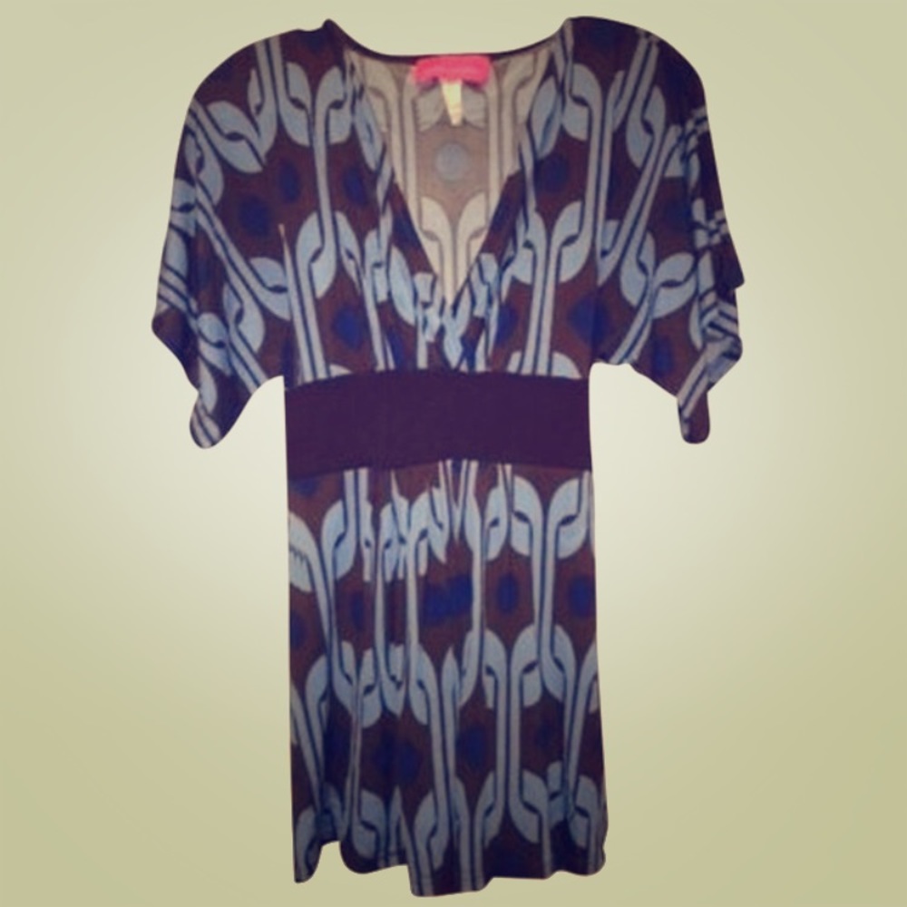 Silky brown and blue tie back deep V shirt
