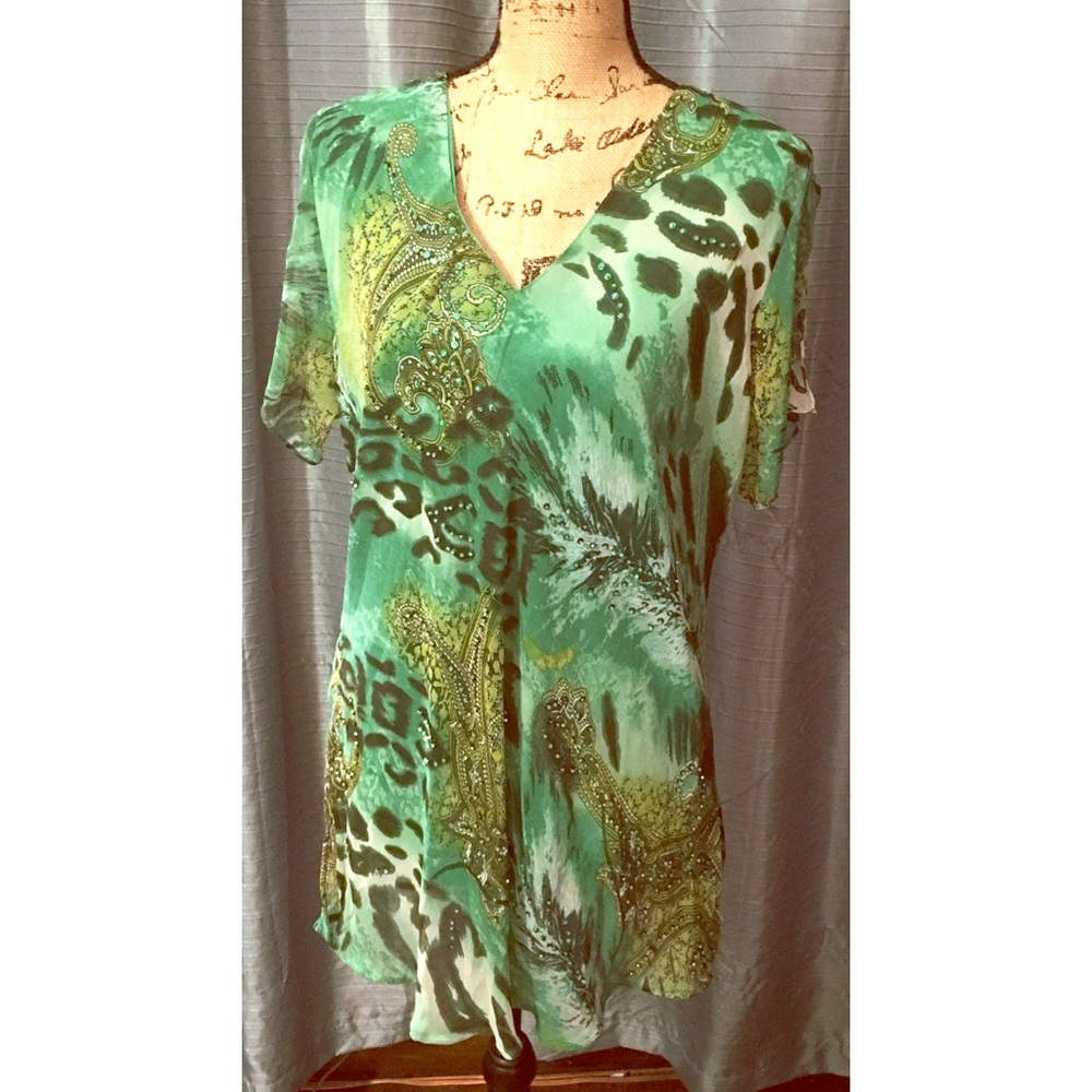 Green Paisley Beaded Blouse 1x