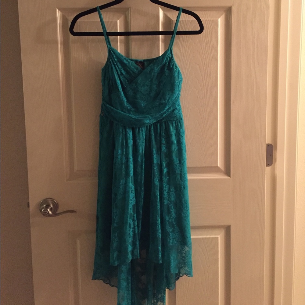 Teal lace hi-low dress