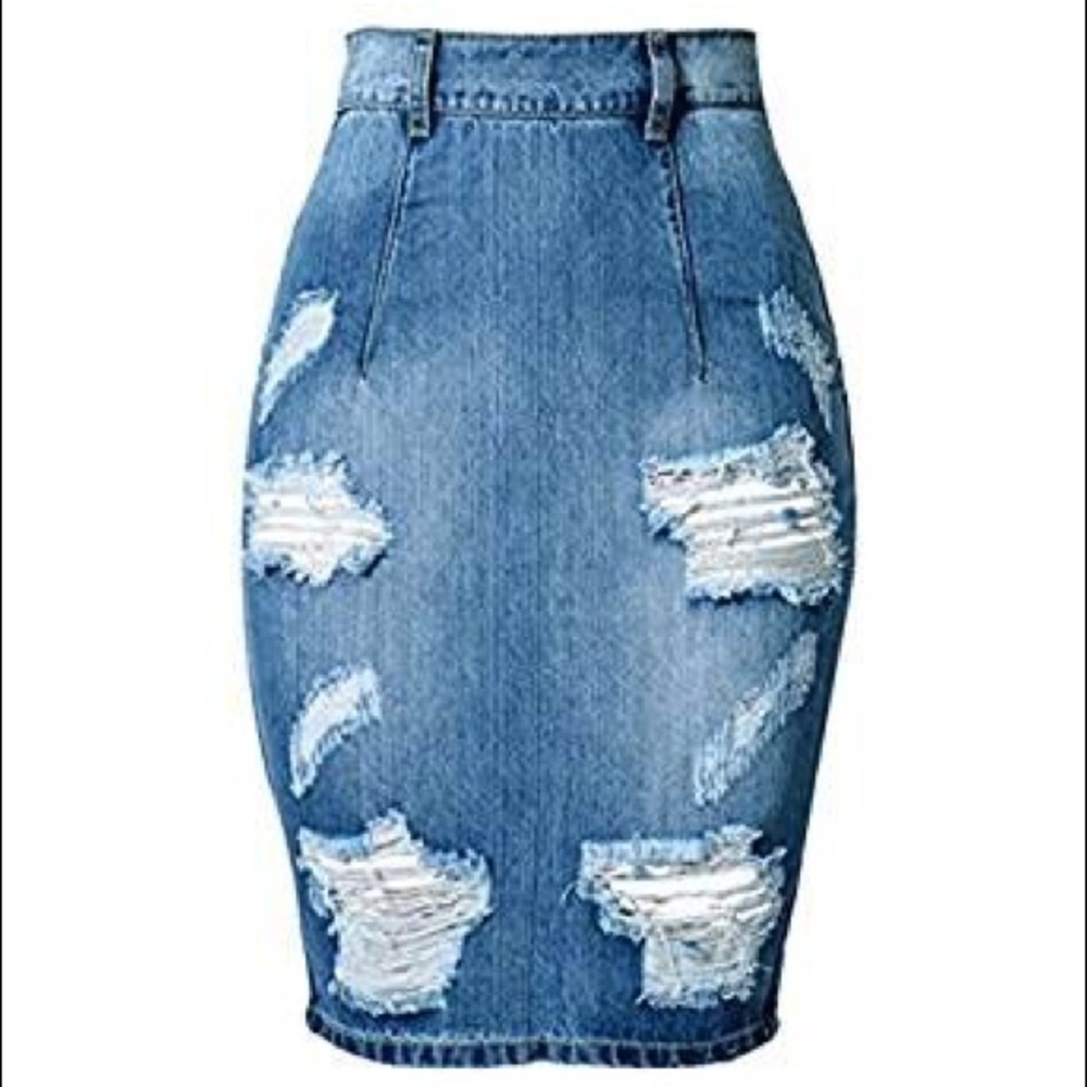 Distressed Denim Skirt.