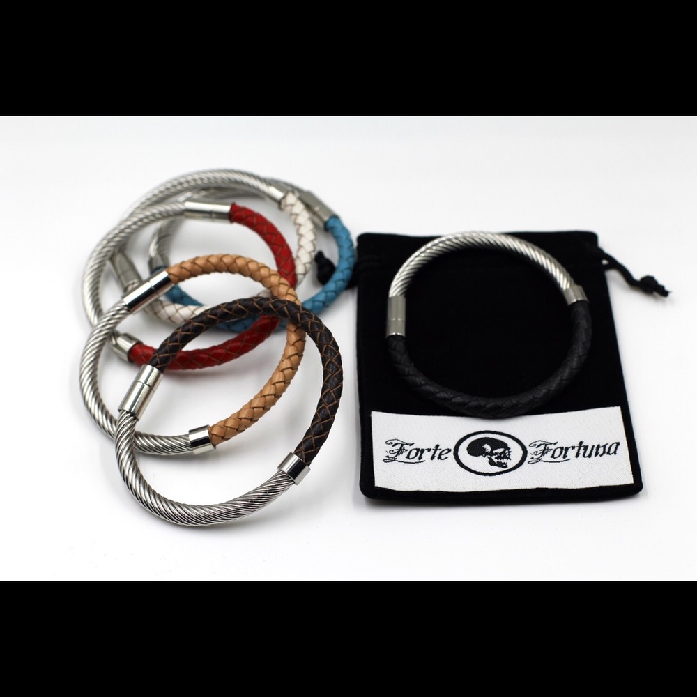 stainless steel and leather cable bracelet