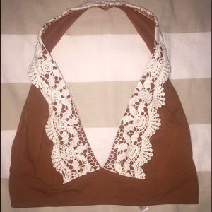 UO Brown & White Lace Halter Bralette