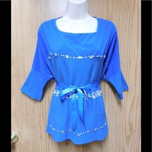 Glamorous Blue Studded Plus Blouse W/ Belt