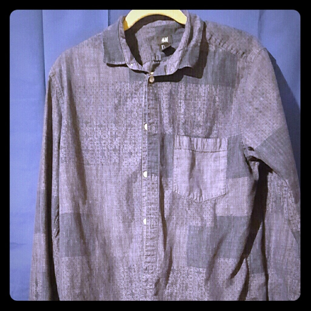 Multi pattern navy denim button up