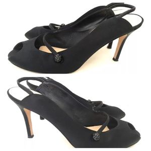 KATE SPADE ITALY BLACK SATIN  PEEPTOE PUMPS Sz 8 B