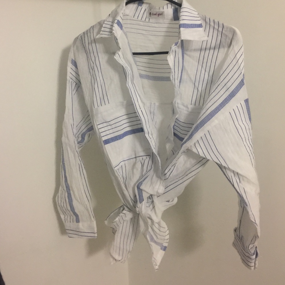 blue strip white blouse