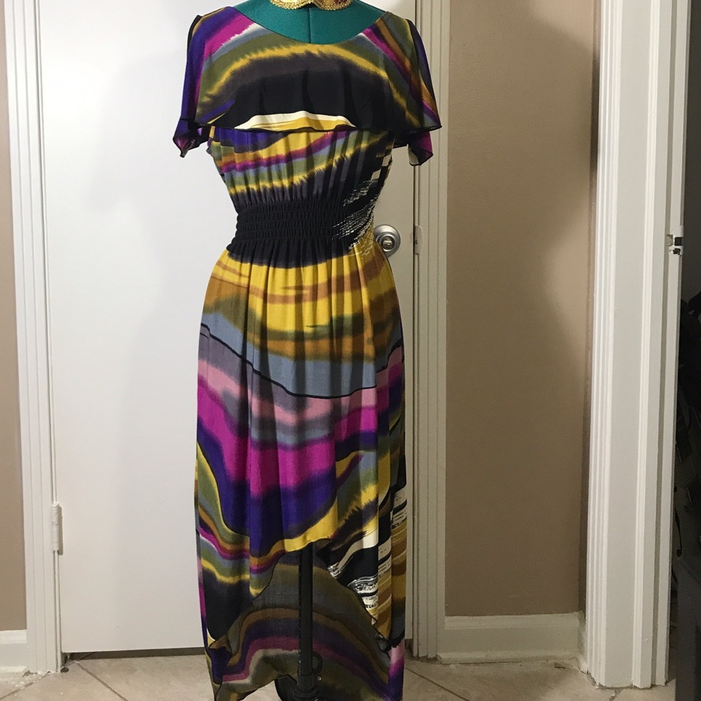 Multicolor elastic waist high low dress